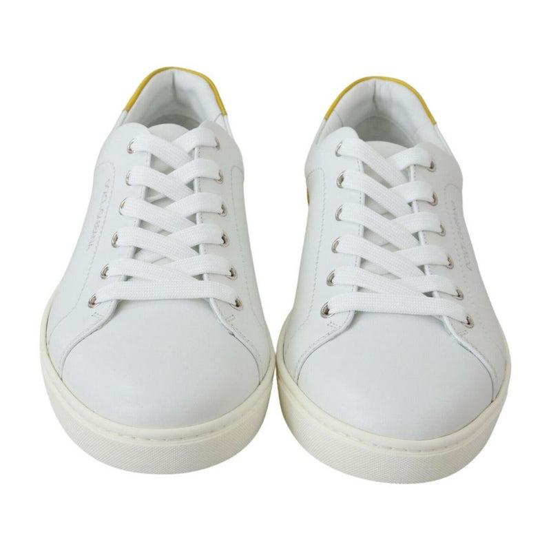 Dolce & Gabbana Elegant White Calfskin Sneakers with Yellow Accent