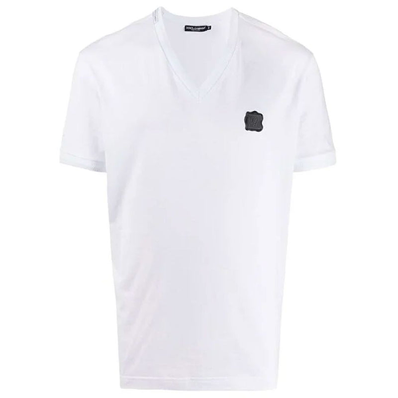 Dolce & Gabbana V-Neck Cotton Logo Tee in Pristine White