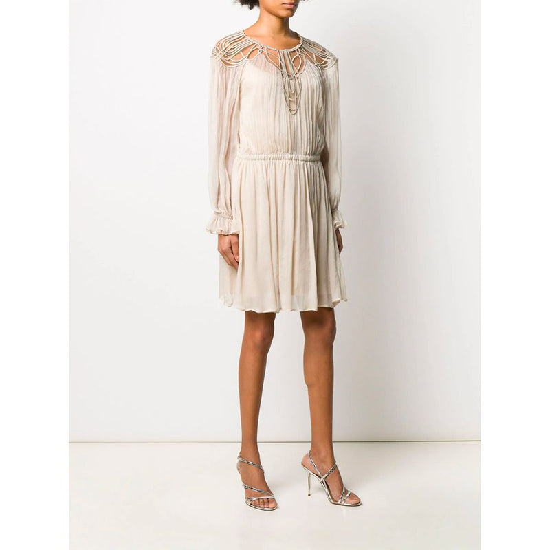 Alberta Ferretti Elegant Beige Silk Panel Dress with Long Sleeves