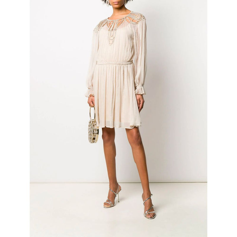 Alberta Ferretti Elegant Beige Silk Panel Dress with Long Sleeves