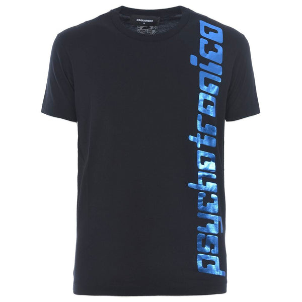 Dsquared² Sleek Black Cotton Tee with Bold Blue Accent